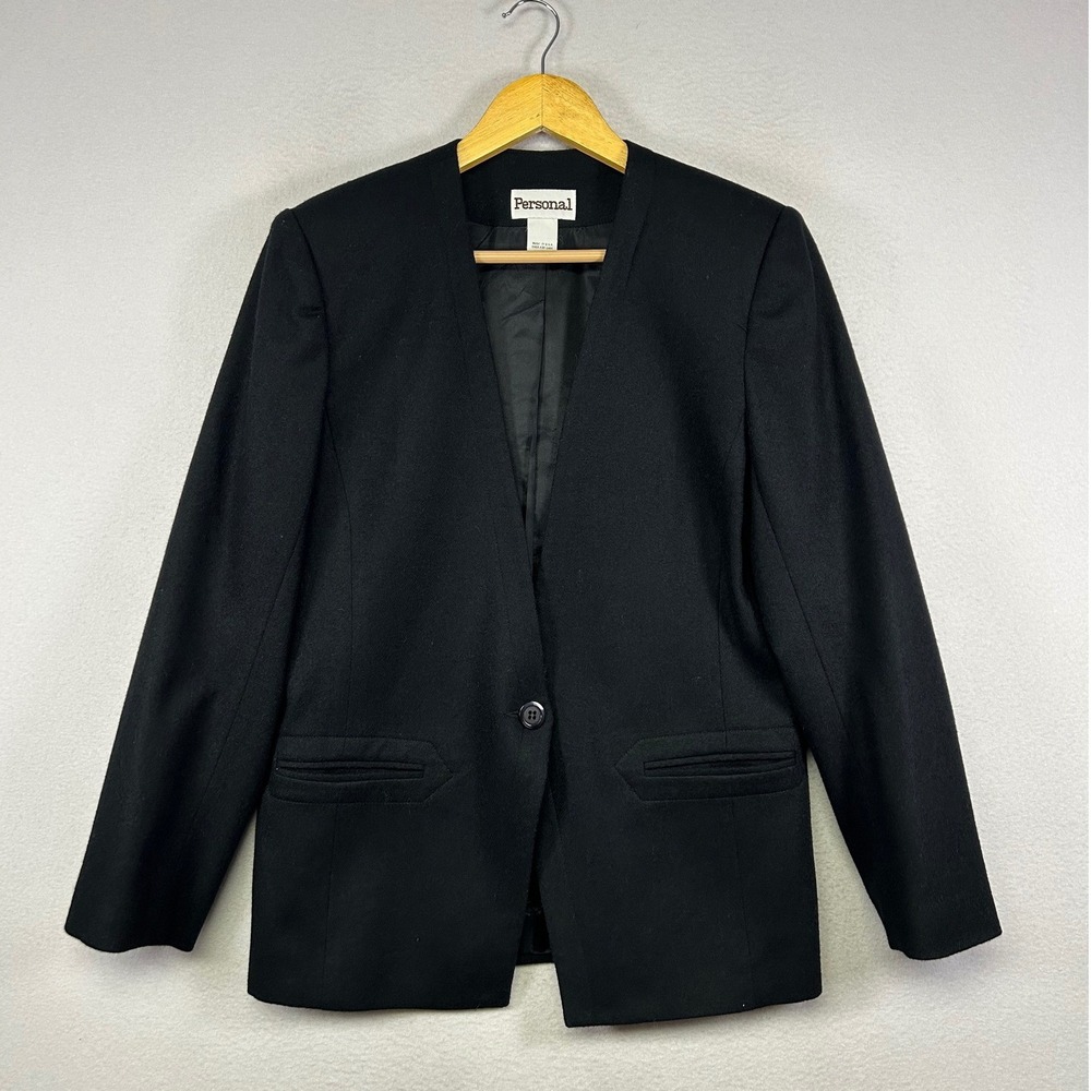 Minimalist Personal Womens Size 8 Black 100% Pure Wool Collarless Blazer‎ Jacket